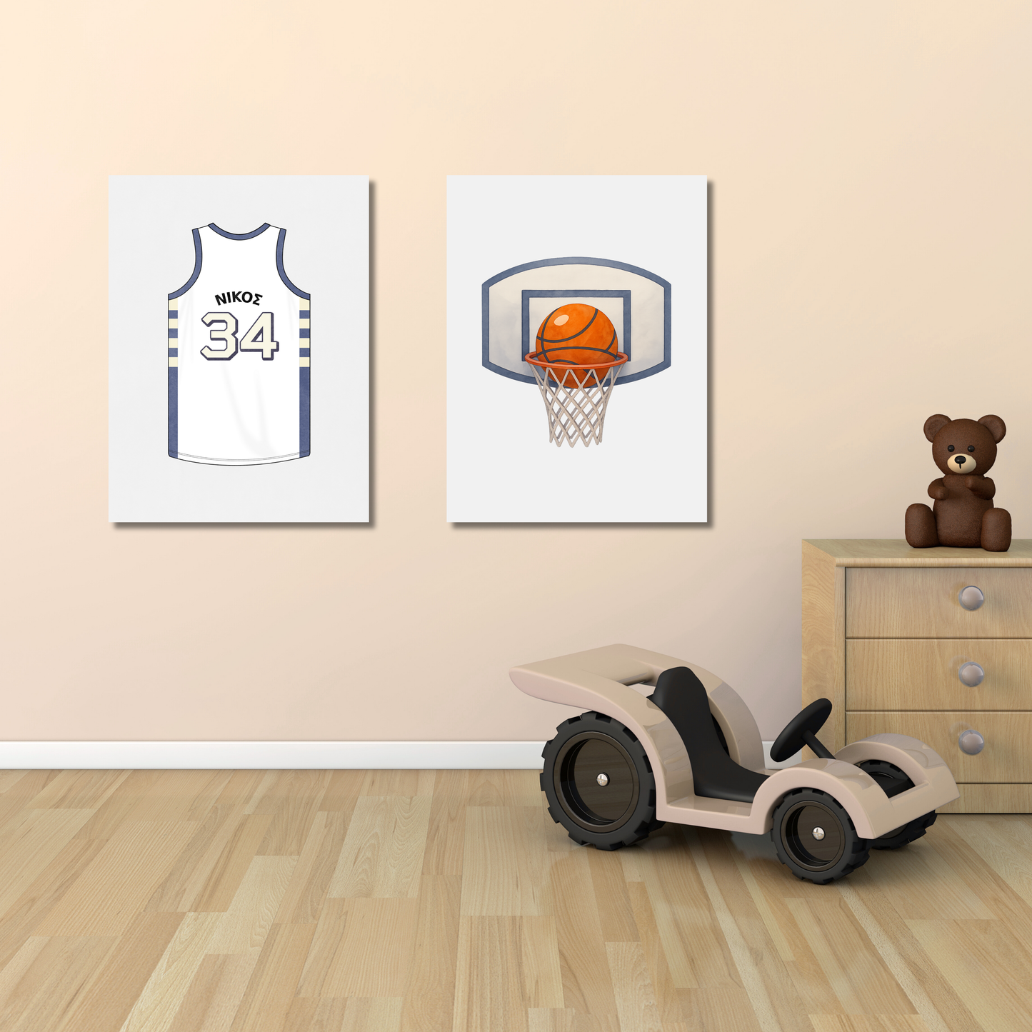 Σετ 2 Σχεδίων – Φανέλα & Καλάθι Μπάσκετ – Με Όνομα Παιδιού